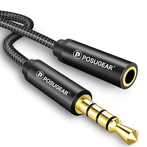 POSUGEAR Cable Audio Alargador Extensión, Cable Extensión Audio Jack 4 Pines Macho a Hembra Compatible con Coche Altavoces Auriculares iPhone iPad iPod Samsung MP3 Player [1M]