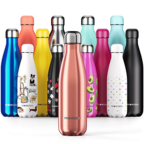 Proworks Botellas de Agua Deportiva de Acero Inoxidable | Cantimplora Termo con Doble Aislamiento para 12 Horas de Bebida Caliente y 24 Horas de Bebida Fría - Libre de BPA - 350ml – Cobre