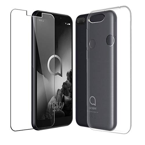 PZEMIN Funda para Alcatel 1S 2019 Silicona Transparente Suave TPU Anti-Daños Carcasa Case Estuche Caso + Película Protectora para Alcatel 1S 2019 Cristal Templado Membrana (5.5")