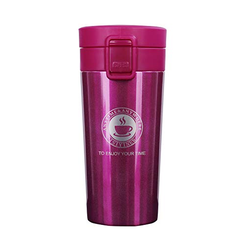 QIMEI-SHOP Termo,Termo de Café Matraz de Acero Inoxidable Aislado Diseño a Prueba de Fugas para Bebidas Frías y Calientes Bebidas té Café Agua 380ML Rosa roja