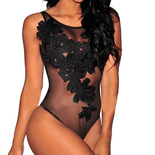 QinMM Lencería de Encaje de una Pieza de Mujer, Body Picardias Ropa Interior siamesa de erótico (Negro, M)