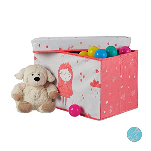 Relaxdays Baúl Juguetes Princesa, Plegable con Tapa, Puff Almacenaje Infantil 33 l, 31x48,5x31 cm, Poliéster-DM, Rosa