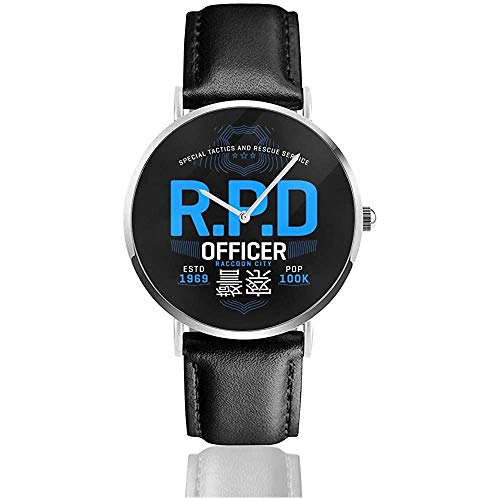 RPD Raccoon City Police Department Resident Evil Watches Reloj de Cuero de Cuarzo con Correa de Cuero Negro para Regalo de colección