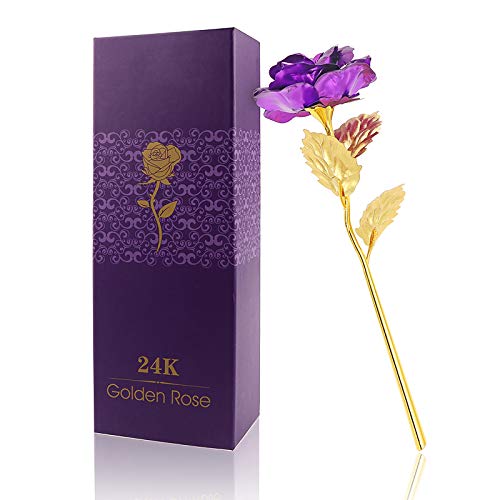 Salangae Rosa Flor 24 Quilates de chapada Oro de, Rosa 24 K Chapado en Oro Rosa, Flores Artificial de Hoja 24K Rosa Flor con Caja, Hecho a Mano & Amor dure para Siempre - Púrpura