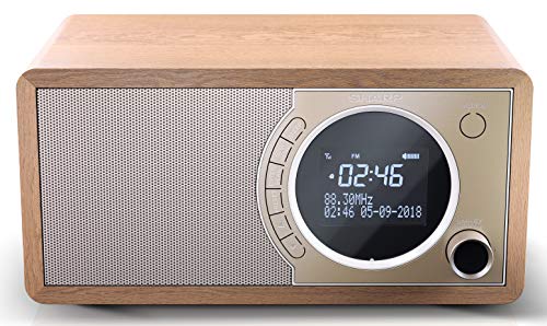 SHARP DR-450(BR) Radio Despertador con sintonizador Dab, Dab+, FM, Bluetooth 4.2, Potencia Maxima 6W, Pantalla LCD, Carcasa de Madera y Panel Frontal de Acero Inoxidable