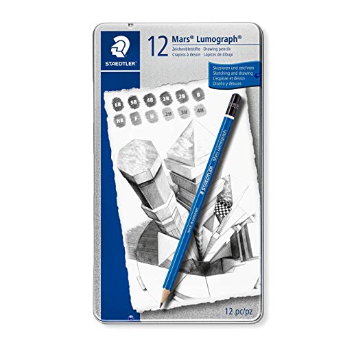 STAEDTLER Mars Lumograph 100 G12, Pack de 12 lápices de dibujo de distinta dureza, Azul