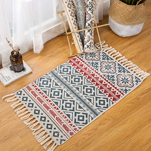 Sumshy Alfombra etnica Bohemia algodón y Ropa Alfombra Sala alfombras de habitacion de Estar Dormitorio cabecera Alfombra étnica Vintage Borla de Viento - 90x60cm