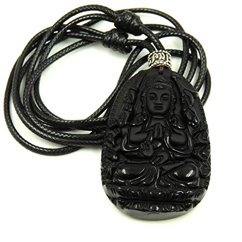 Talismán de Buda del Bodhisattva de Avalokiteshvara Obsidiana Negra Natural Colgante de piedras preciosas talladas Meditación práctica de yoga Collar de cuerda de cera hecho a mano Dharma Amuleto