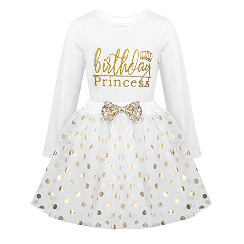 TiaoBug Vestido Fiesta Bebé Niña Manga Larga Vestido Princesa para Cumpleaños Ceremonia Rops Conjunto Niña Dibujos Tutú Falda Lunares Brillos Blanco 5 Años