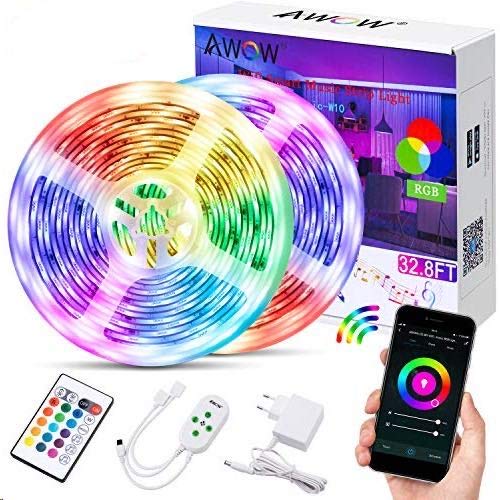 Tiras LED Alexa WiFi 10M, AWOW Tira LED RGB Inteligente 5050 Control APP, Sync con Música, IP65 Luces LED Funciona con Alexa, Google Home para la Habitación, Navidad y Fiestas, 12V