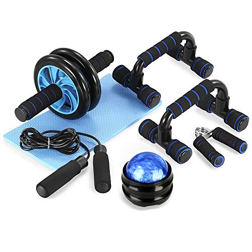 TOMSHOO 6 in 1 - Kit de Rueda Abdominal, Push Up Bars, Cuerda para Saltar, Fortalecedor de Mano, Rodilla Mat para Entrenamiento en Casa Ejercicios Fitness (Negro y Azul)