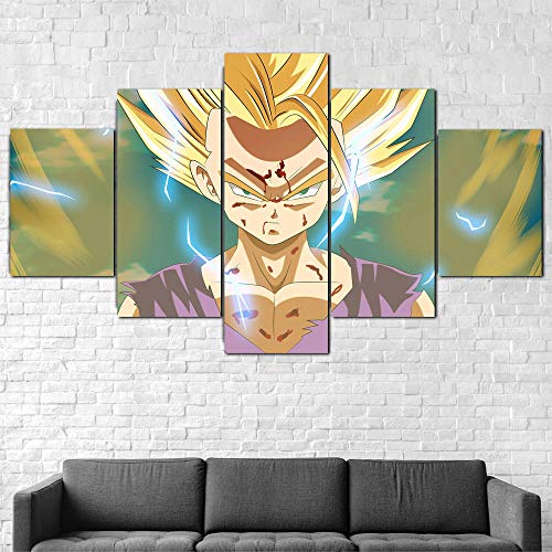 TOPRUN Cuadro Moderno En Lienzo 5 Piezas XXL Loco Gohan SSJ2 Dragon Ball Z HD Abstracta Pared Imágenes Modulares Sala De Estar Dormitorios Decoración para El Hogar 200X100Cm