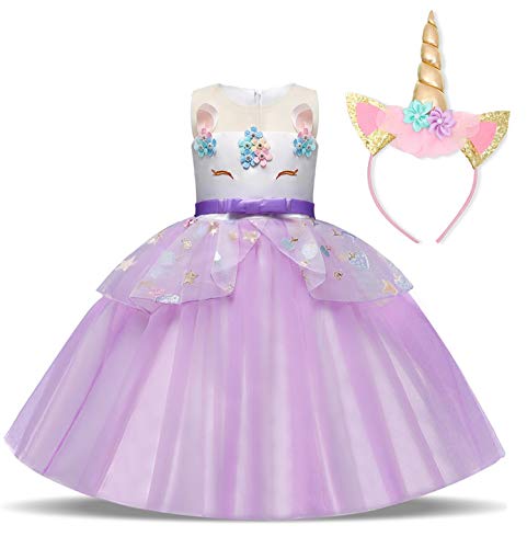 TTYAOVO Chicas Arco Iris Unicornio Fancy Vestido Princesa Flor Desfile de Niños Vestidos sin Mangas Volantes Vestido de Fiesta Talla(150) 9-10 años 438 Púrpura