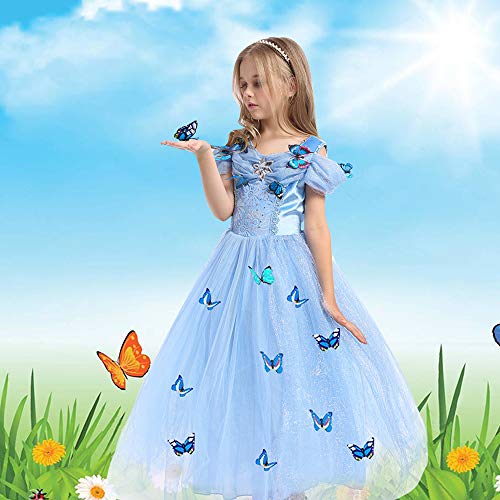 URAQT Vestido de Cenicienta, Disfraz de Princesa Cenicienta con Mariposa, Vestido de Princesa para Nñas, Elegante Vestido de Tul para Boda, Fiesta, para 3-8 años