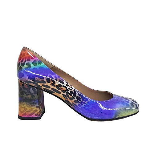 Viva - Zapatos Salones Estampados de Vestir para Mujer en Piel - Tacon Ancho 7 cm - Hechos a Mano en España - Planta Interior Acolchada con Esponja - Comodos - Suela Antideslizante