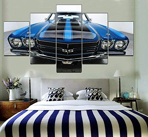 VKEXVDR 5 Paneles Pintura de la Lona Mural Chevelle SS Azul Negro Muscle Car Arte Fotos Paisaje Imprimir Decoración Moderna del Ministerio del Interior Sin Marco 200 * 100cm