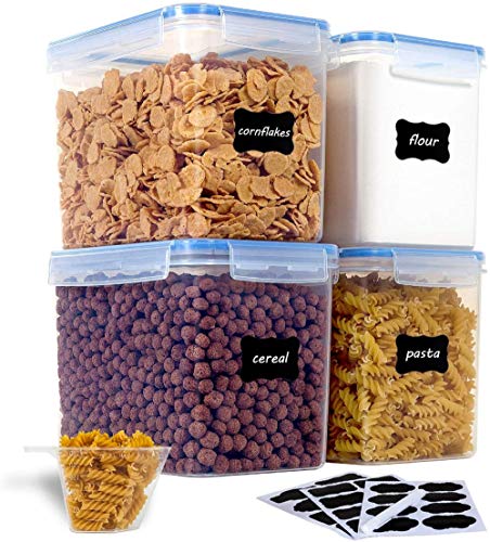 Vtopmart 3.6L Recipientes para Cereales Almacenamiento de Alimentos, Jarras de Almacenamiento de Plástico con Tapa Hermética Sin BPA,Juego de 4 + 24 Etiquetas, para harina,café (Azul)