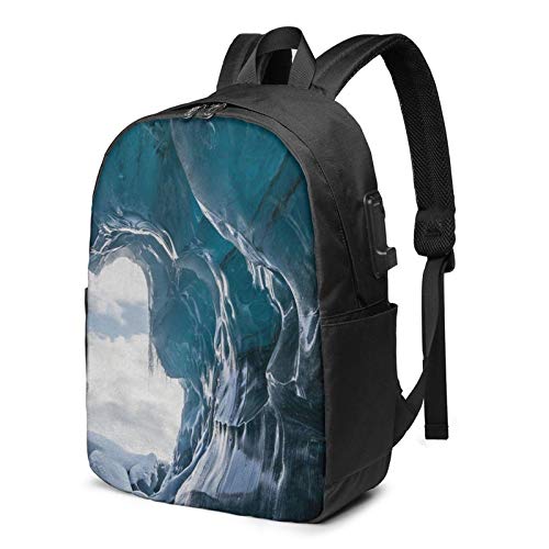 WEQDUJG Mochila Portatil 17 Pulgadas Mochila Hombre Mujer con Puerto USB, Famoso Glaciar de Islandia Mochila para El Laptop para Ordenador del Trabajo Viaje