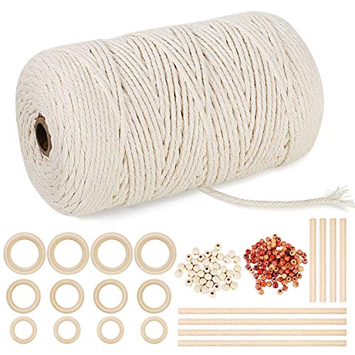 Winload Macrame Cuerda 3mm x 200m, Cordón de Macramé de Algodón, Hilo Macramé Natural con 140 Cuentas de Madera, 12 Anillos, 8 Palos, Cuerda Trenzada para DIY Artesanía y Colgador de Planta Tejido