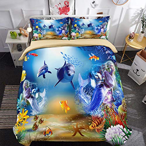 WONGS BEDDING Funda nórdica de Vida Marina Underwater World Dolphin Mermaid Juego de Cama con Cierre de Cremallera para niños Conjunto de Funda nórdica Doble para niños 200 * 200 cm