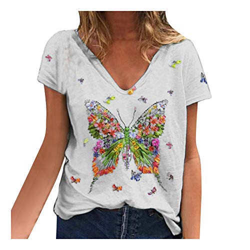 YANFANG Blusa para Mujer Holgada con Estampado de Mariposas de Moda de Verano con Cuello en V Profundo Talla Grande de Manga Corta Casual Adolescente Camiseta (L, White)