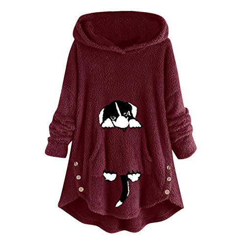 YANFANG Sudadera con Capucha para Mujer Abrigo Chaqueta Caliente y Esponjoso Flannel Tipo Manta Mujeres Fleece Bordado Oreja de Gato Tallas grandesBolsillo Superior Suéter Blusa