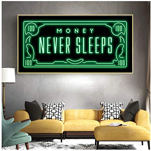 yhyxll Never Sleeps Green Flash Money Póster Inspirador Pinturas en Lienzo en la Pared Imágenes artísticas para decoración del hogar-60X120Cm Marco Interior de Madera