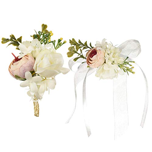 YQing 2 Piezas Peony Boutonniere Ojales y Ramillete de muñeca Pulsera Rosas Ramillete de muñeca, Novio y Novias Flores de Boda Accesorios