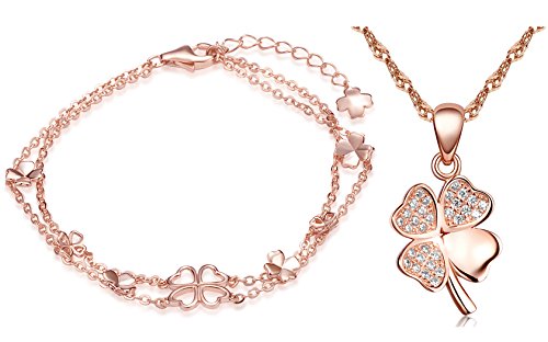 Yumilok- Juegos de Joyas de Plata Trébol Cuatro Hojas Pulsera y Colgantes para Mujer, Oro Rosa