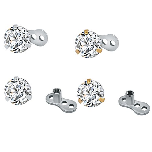 ZeSen Jewelry De Acero quirúrgico Brillante rRound Cubic Zirconia Parte Superior dérmica Ancla y Microdermals Base Perforación 14g 4 Piezas Zirconia Cubic: 5mm