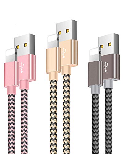 Zeuste Cable Phone Cargador Phone [3PACK 1.5M] de Nylon Trenzado Cable USB Compatible con Phone XS/XR/X/8/8 Plus/7/6s/6Plus/6/Pad/Pod y más(Gris Gold Pink)