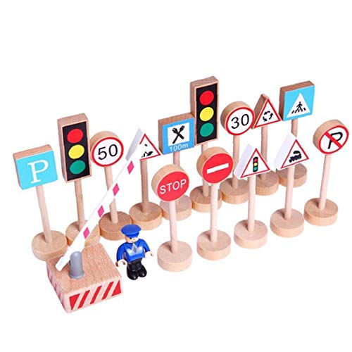 Zonfer 16pcs De Madera Road La Calle Ornamento Señales De Tráfico Modelo De Bloques De Juguetes Educativos Niños DIY Mini Poste Indicador Juguetes