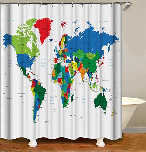 ZZZdz Mapa del Mundo. Cortina De Baño La Impresión 3D HD No Se Desvanece 180X180 Cm Tela Impermeable 12 Ganchos Libres Decoración del Hogar.