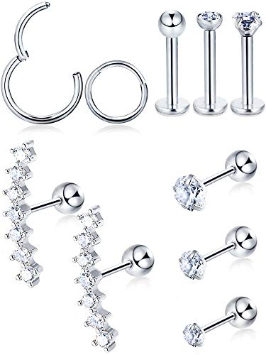 10 Piezas de Pendientes de Cartílago Trago Juego de Piercing de Labret Pernos de Barra con Pesas Anilla de Oreja de Acero Incrustado CZ para Trago Labio Nariz de Cuerpo, 10 Tipos (Color de Acero)