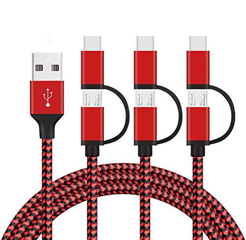 2 en 1 Multi Cable, GlobaLink Cable USB Tipo C y Micro USB, Carga&Sync Rápida Nylon Trenzado Compatible con Samsung Galaxy/Huawei/Nexus/LG/Sony/Google/Nexus/OnePlus/Lumia (3 Pack 1,5m) Rojo&Negro