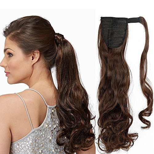 24"(60cm) Coleta Postiza de Pelo Sintético Rizado con Clips Extensiones de Cabello Invisible y Natural Ponytail Hair Extension (100g,Castaño Chocolate)