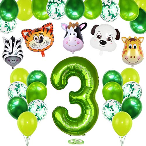 3 Años Selva Fiesta de Cumpleaños Decoracion, 3 Años Cumpleaños Decoración  Set con Foil Globo Número 3 Verde y Bosque Animal Globos para Niño Niña 3er