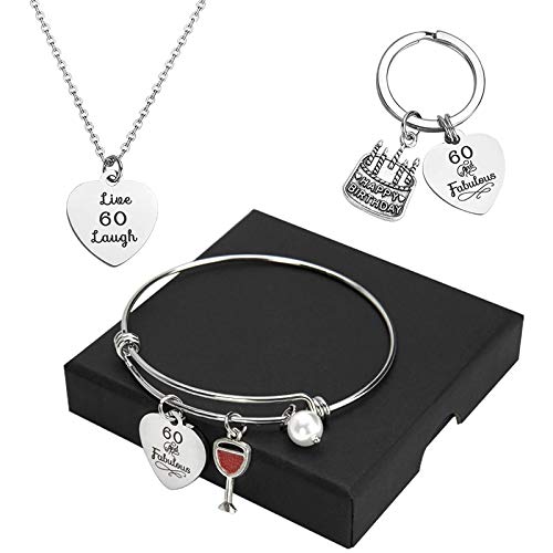 60 Cumpleaños Mujer, Conjunto de Joyas de Cumpleaños, Collar, Pulsera, Llavero, Regalos Inspirados, 3 Piezas