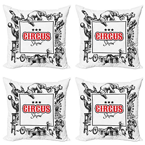 ABAKUHAUS Clásico Set de 4 Fundas para Cojín, Circus Show Mago, Estampado Digital en Ambos Lados y Cremallera, 45 cm x 45 cm, Naranja Negro