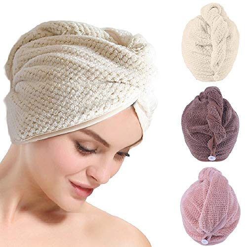 AMAYGA 3 Piezas de Toalla de Pelo de Microfibra Turbante,Ultra Absorbente Toallas para Secar Pelo con Botón,Pelo Gorro de Cabeza de Secar Rápido para Mujeres,Absorbentes de Agua Pelo Seco Sombreros