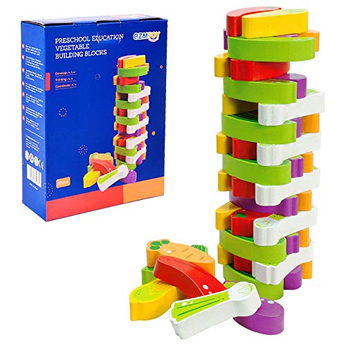 Arkmiido Torre de Bloques de Madera de Juego de Torre Modelo Vegetal, Juguetes de Madera,Juguetes educativos para niños de Alrededor de 3 años，Regalo para niños y niñas（54PCS）