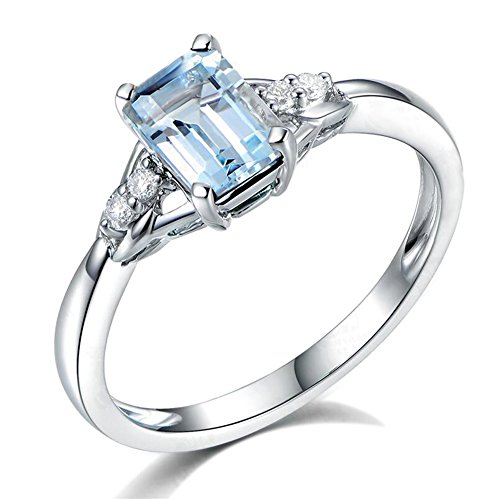 Auténtico Naturales Sea Azul Aguamarina Piedra preciosa Diamante Sólido 14K Oro blanco Boda Compromiso Promesa Anillo para Mujer
