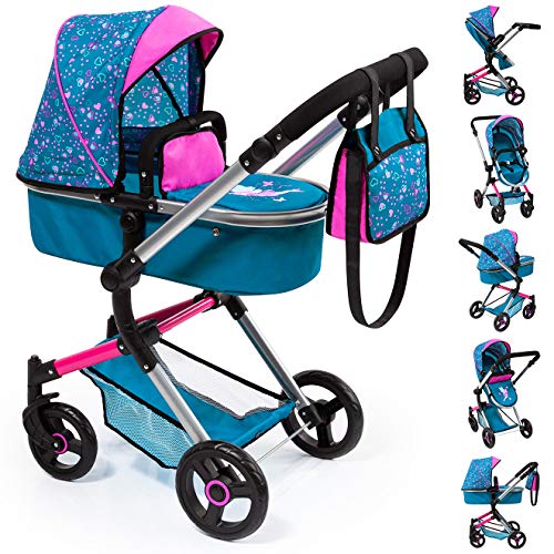 Bayer Design- Cochecito de Muñecas Neo Vario Combolso Cambiador, Convertible, Plegable, Color Azul, Rosa, Hada Comestampado (18409Aa)