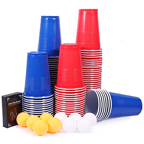 Beer Pong, joylink Beer Pong Tazas de Fiesta Beer Pong Juego de Beber Juego para Beber Cerveza 100 Vaso de Plástico Reutilizable Vasos Beer Pong Kit de 480 ml con 10 Bolas de Beer Pong