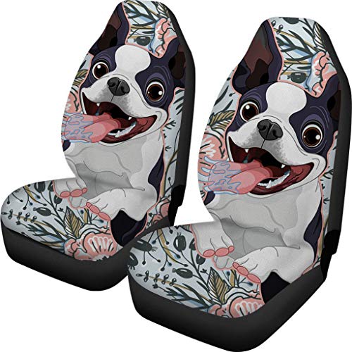 Belidome Fundas de asiento delantero de coche con diseño de perro de dibujos animados Goofy Boston Terrier, 2 piezas para auto SUV y furgoneta