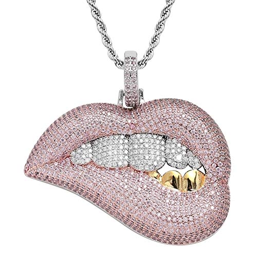 Belleza 3D Sexy Labio Morderse Colgante Joyas Chapado en Oro Real Micro Incrustaciones Circón Rosa Personalidad Dientes Hip Hop Cadena de Acero Titanio Collar de Locomotora,50CM