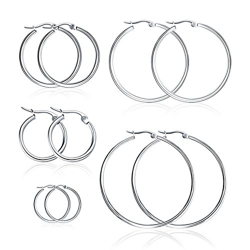 Bliqniq 5 pares de Pendientes de los Aros de las Mujeres de los Hombres de Acero inoxidable de 15mm 20mm 30mm 40mm 50mm redondo grandes que cuelgan la Joyería de plata blanco