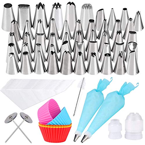 Boquillas para Manga Pastelera Decoración, Gyvazla 72 piezas Set con 50 Boquillas, 2 Bolso de Pastelería, 10 Desechable Bolso, 2 Acopladores, 2 Soporte, 5 Moldes de Silicona y Cepillo de Limpieza