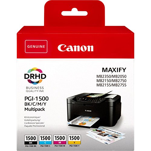 Canon PGI-1500 4 Cartuchos Multipack de tinta original Negro/Cian/Magenta/Amarillo para Impresora de Inyeccion de tinta Maxify MB2050-MB2150-MB2155-MB2350-MB2750-MB2755