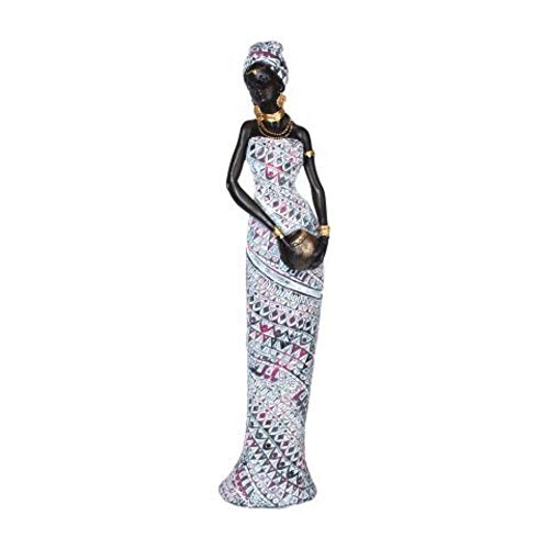 CAPRILO. Figura Decorativa de Resina Africana con Vestido Multicolor. Adornos y Esculturas. Africa. Decoración Hogar. Regalos Originales. 40 x 8 x 7 cm.